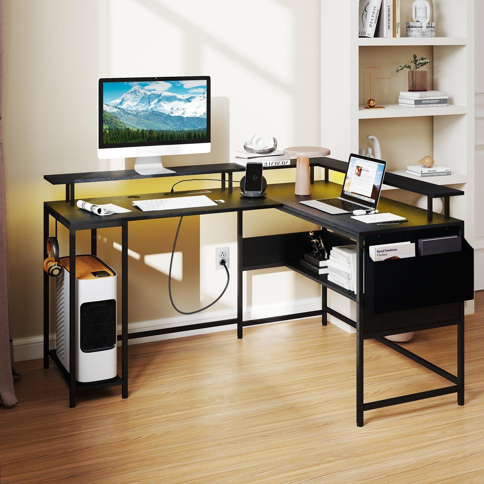 L-Shaped Gaming Desk with LED Lights and Power Outlets Home Office Computer Desk
