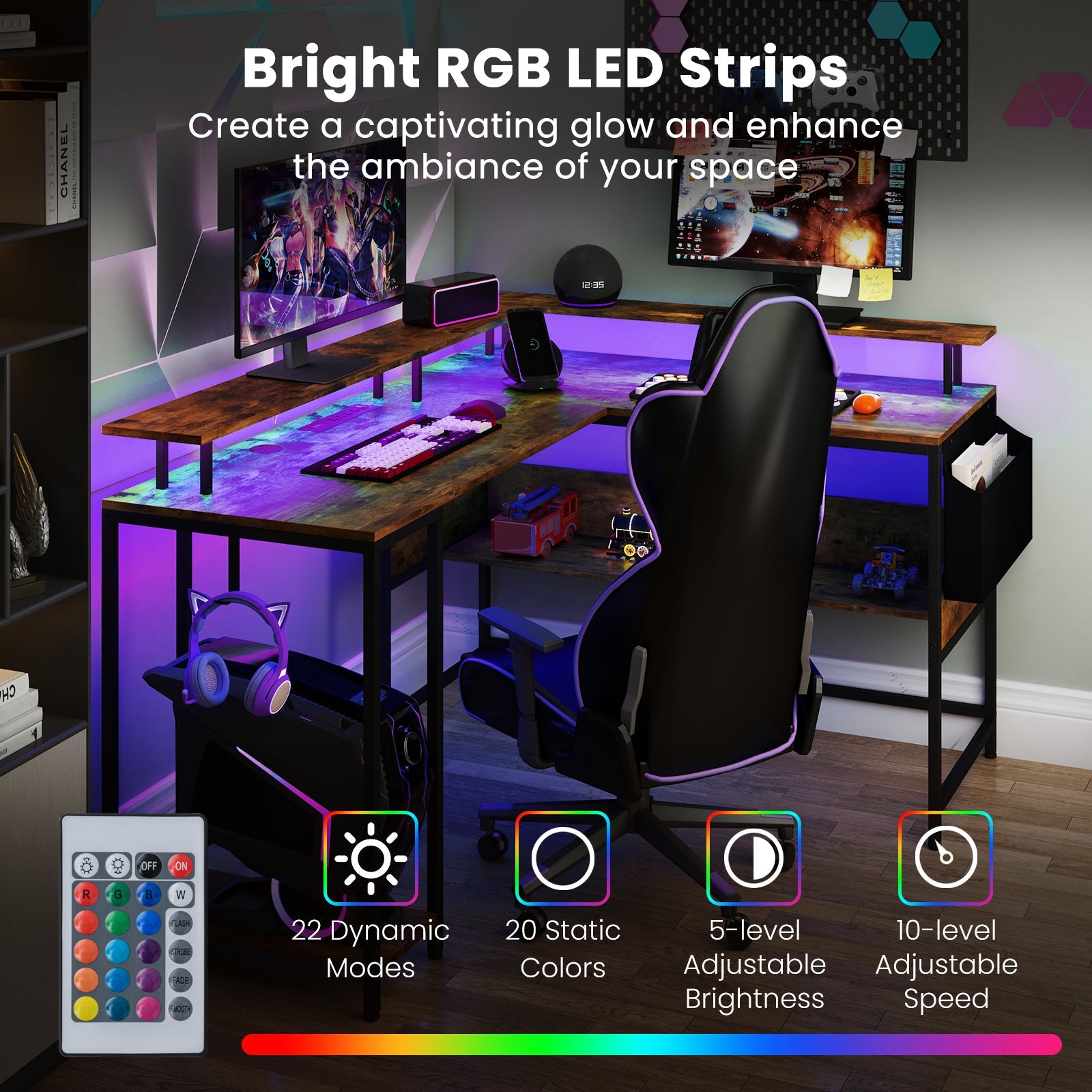 L-Shaped Gaming Desk with LED Lights and Power Outlets Home Office Computer Desk